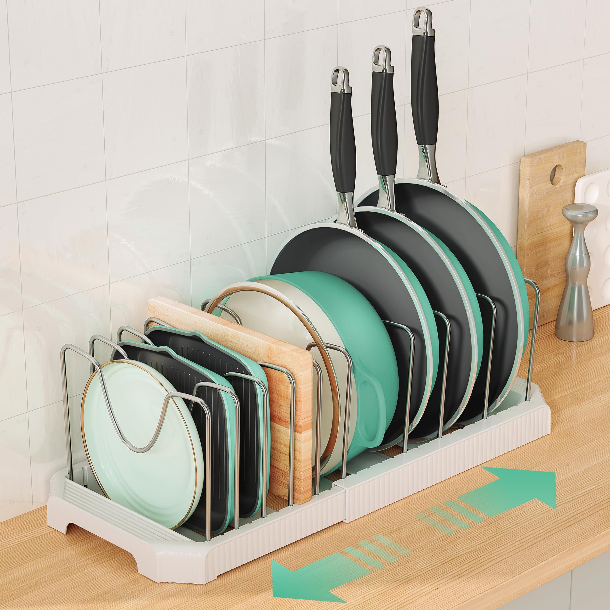 Pantasia ten-divider pan organizer secures lids and pots for clutter-free storage
