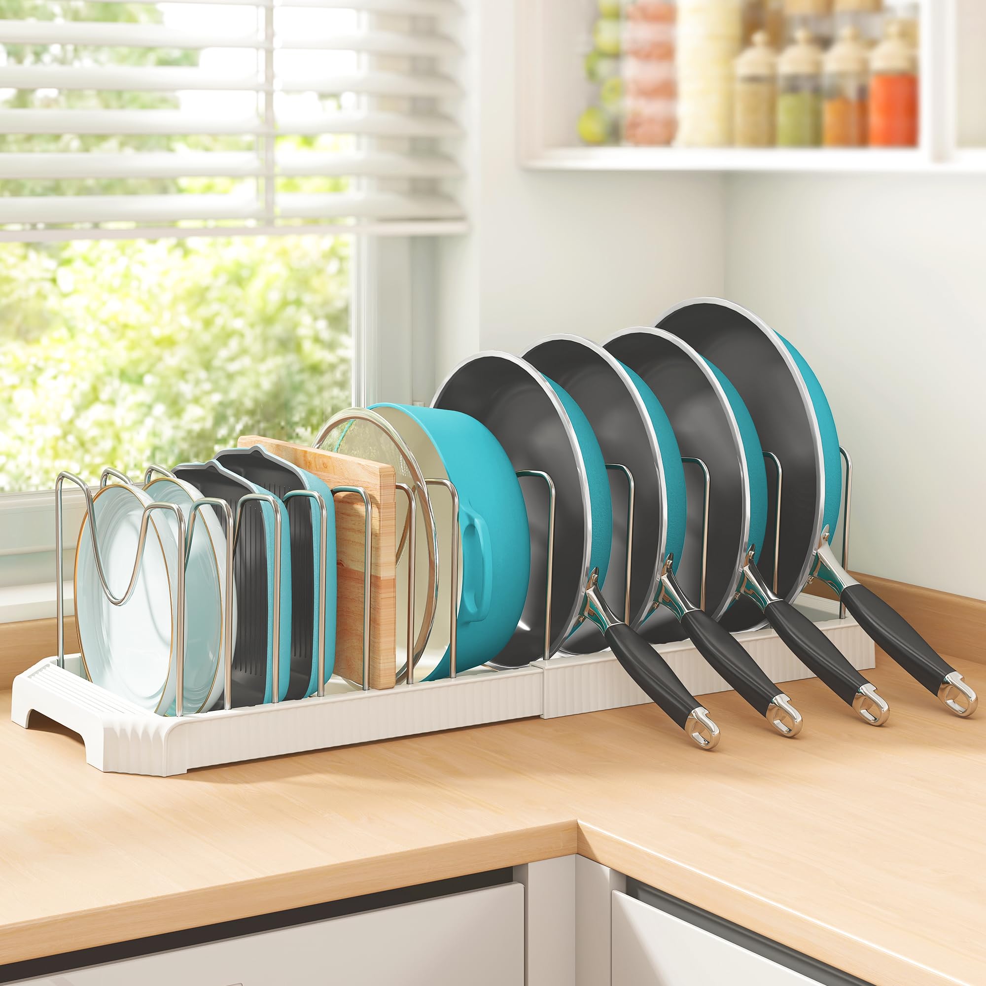Pantasia space-saving cookware organizer doubles cabinet capacity