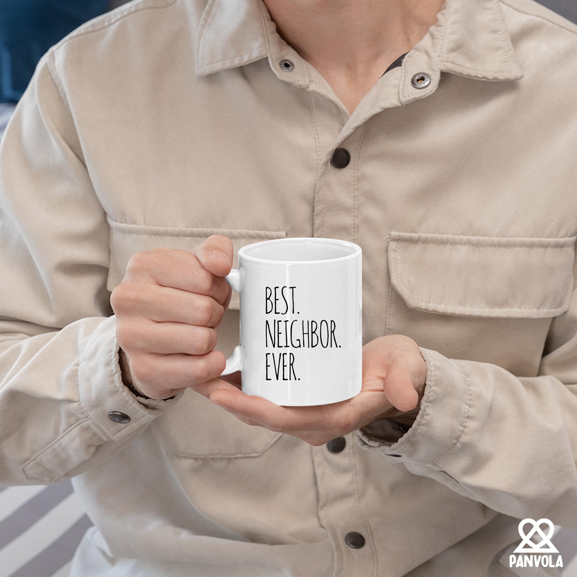 Panvola Best Neighbor Ever mug close-up quote for gifting.