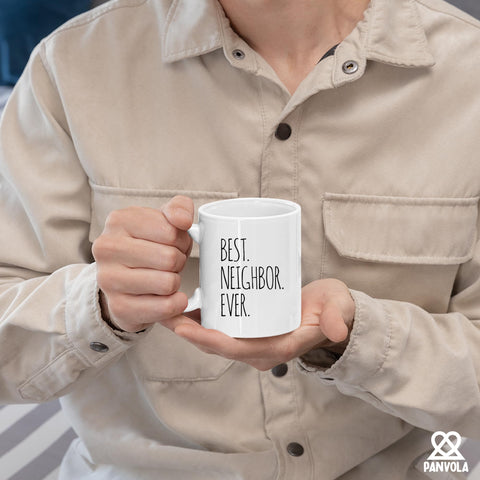 Panvola Best Neighbor Ever mug close-up quote for gifting.
