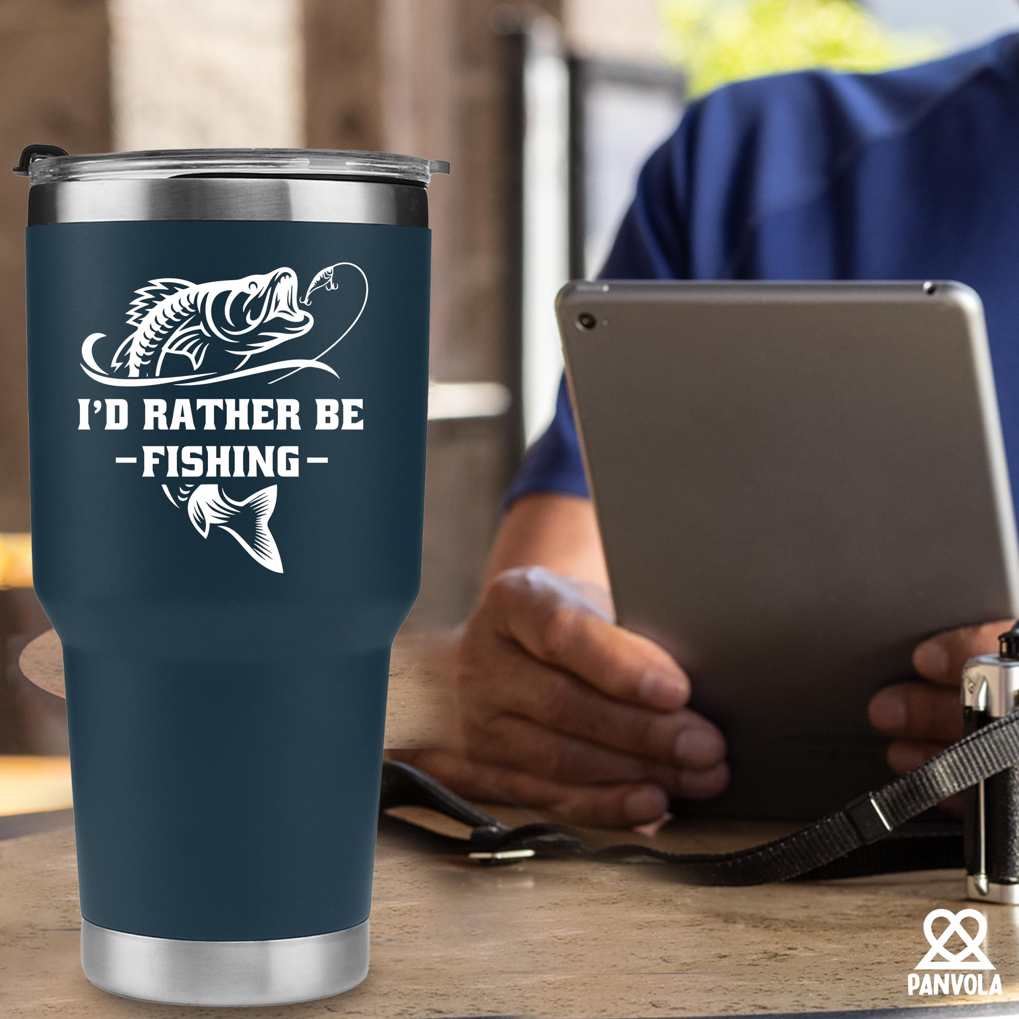 Panvola blue tumbler ideal for office, kitchen, or outdoor use.