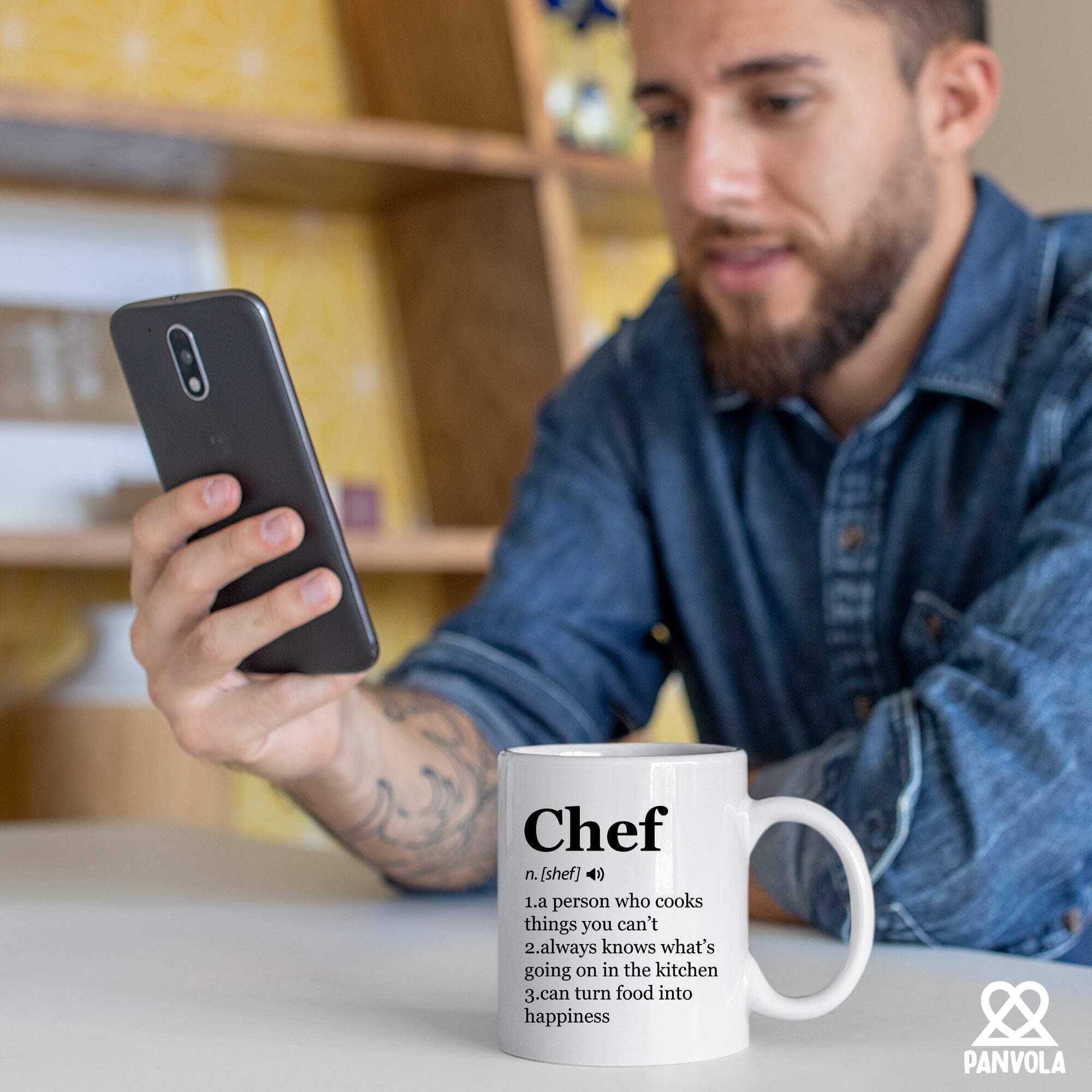 Panvola Chef Definition Mug microwave-safe for quick reheats between tasks.