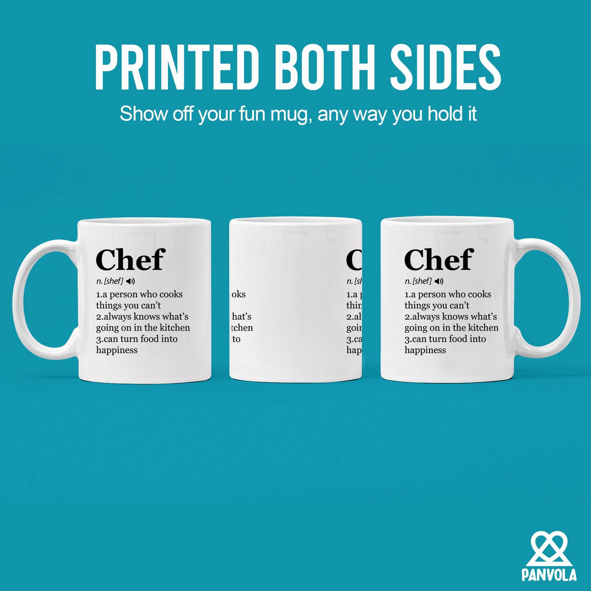 Panvola Chef Definition Mug printed quote highlights a witty culinary vibe.