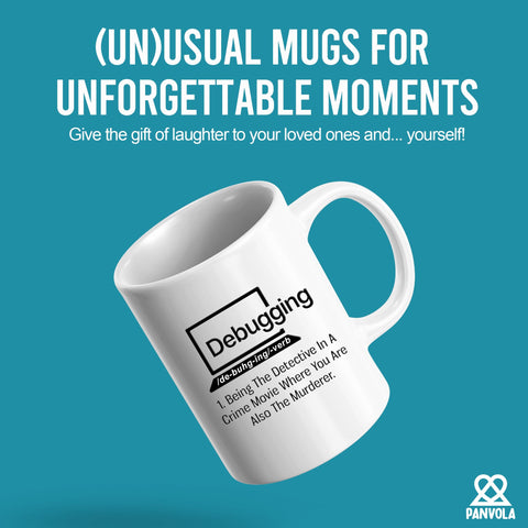 Panvola debugging mug back view shows double-side print for both hands.