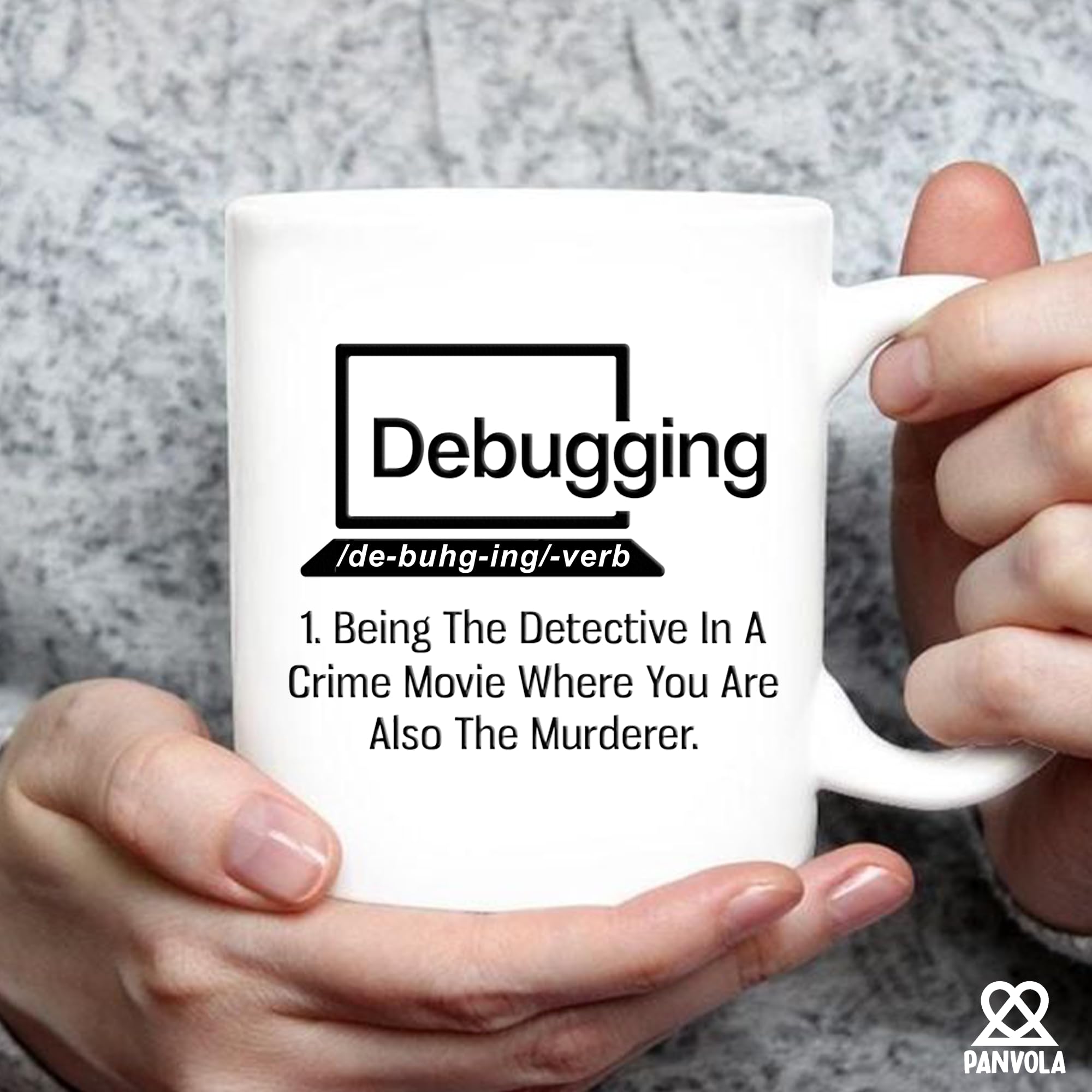 Panvola debugging mug with steam rising during a warm coffee moment.