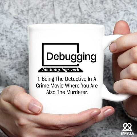 Panvola debugging mug with steam rising during a warm coffee moment.