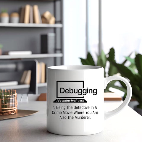 Panvola debugging mug in a neat desk setup during a coding break.