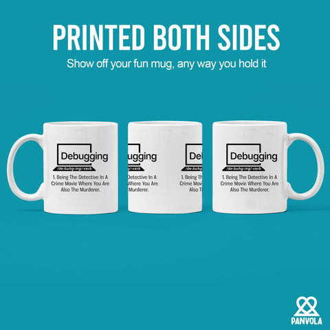 Panvola debugging mug handle close-up highlights premium ceramic finish.
