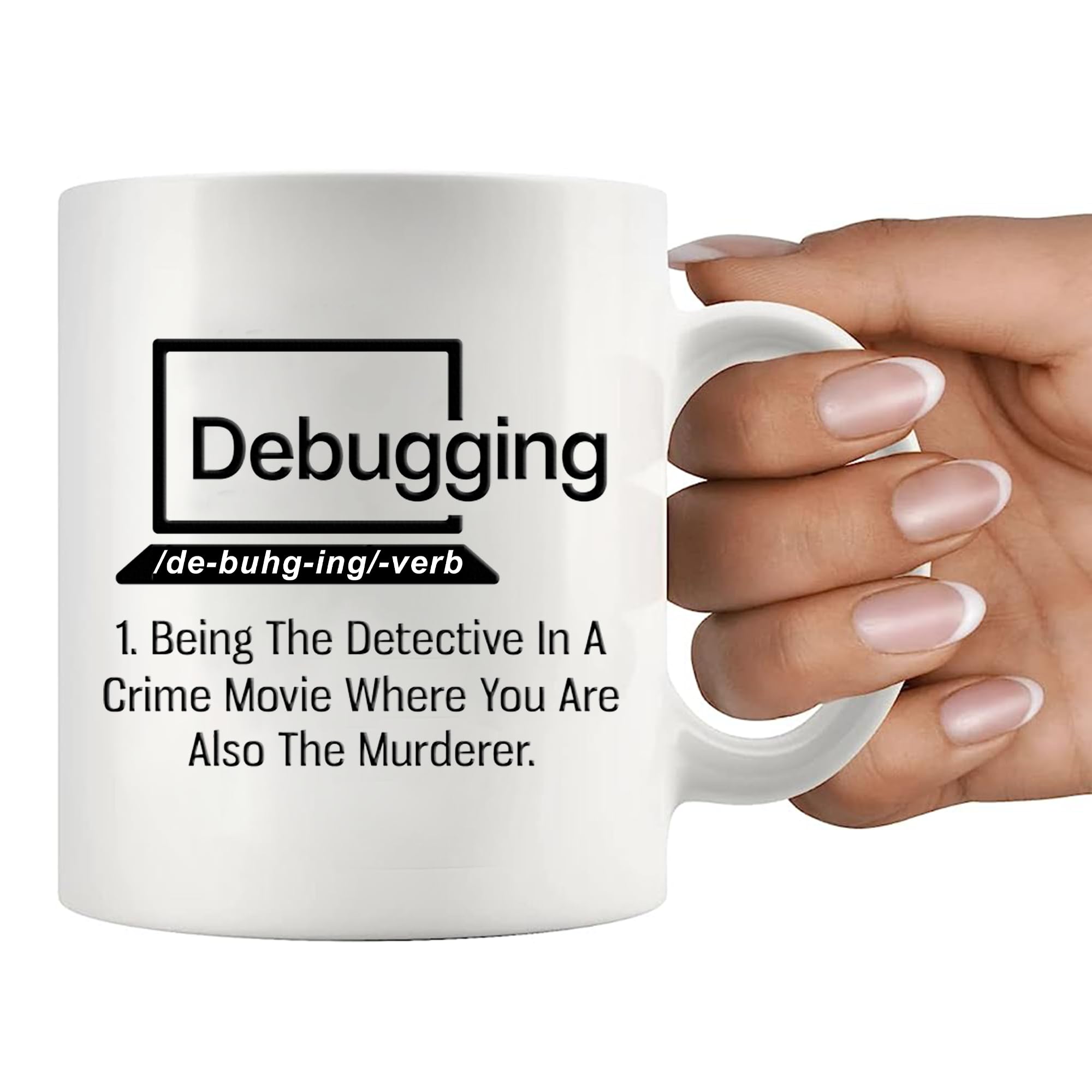 Panvola debugging mug in a kitchen scene, microwave-safe reheats listed.