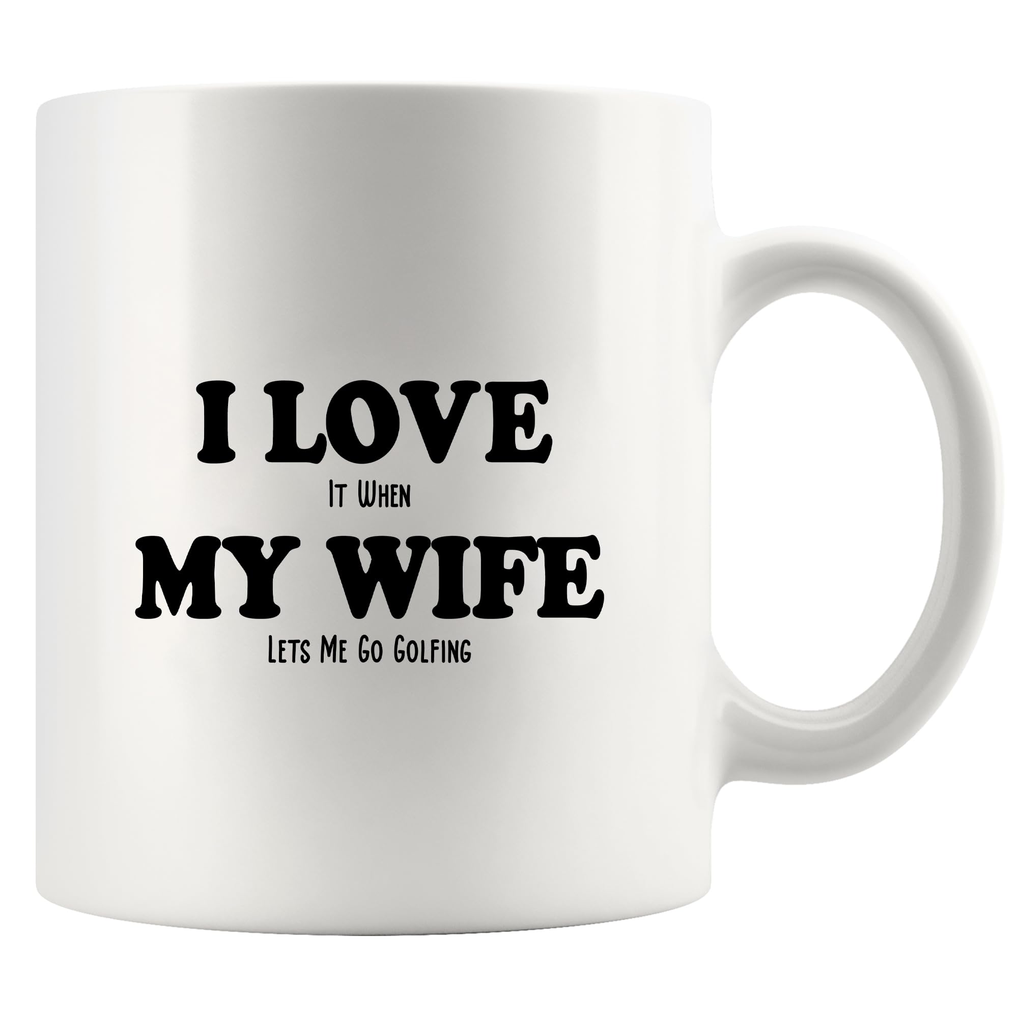 Panvola golf mug front view with witty quote, ideal for daily coffee.
