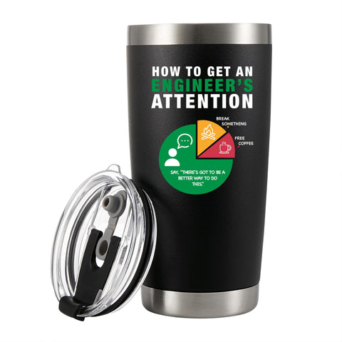 Panvola How To Get An Engineer's Attention tumbler with removable lid for on-the-go drinks.