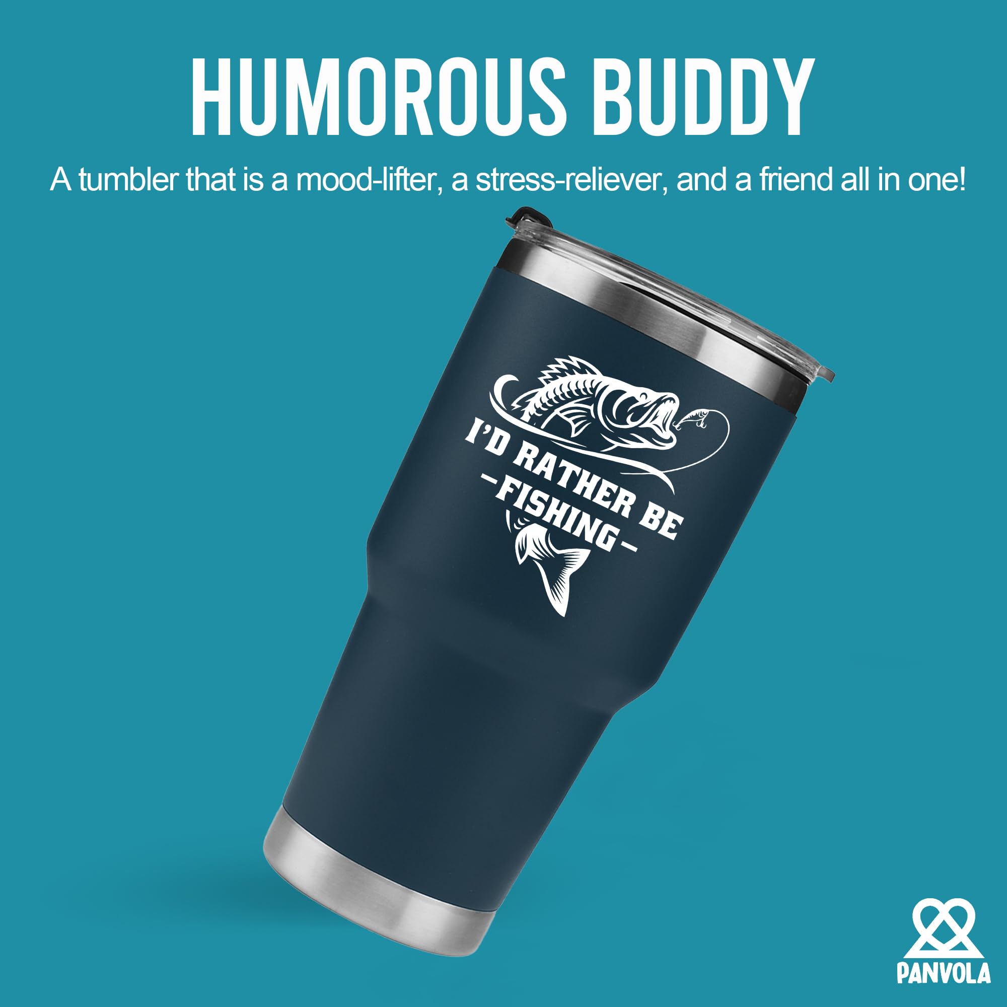 Panvola blue tumbler close-up highlights the durable lid for spill-free travel.