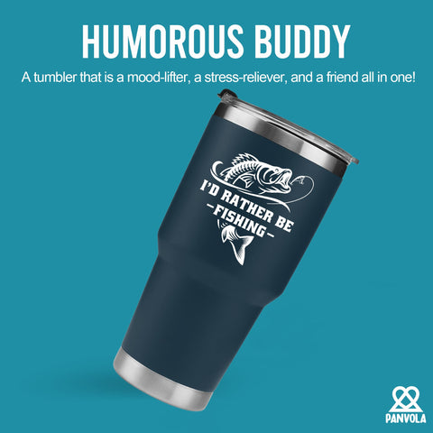 Panvola blue tumbler close-up highlights the durable lid for spill-free travel.