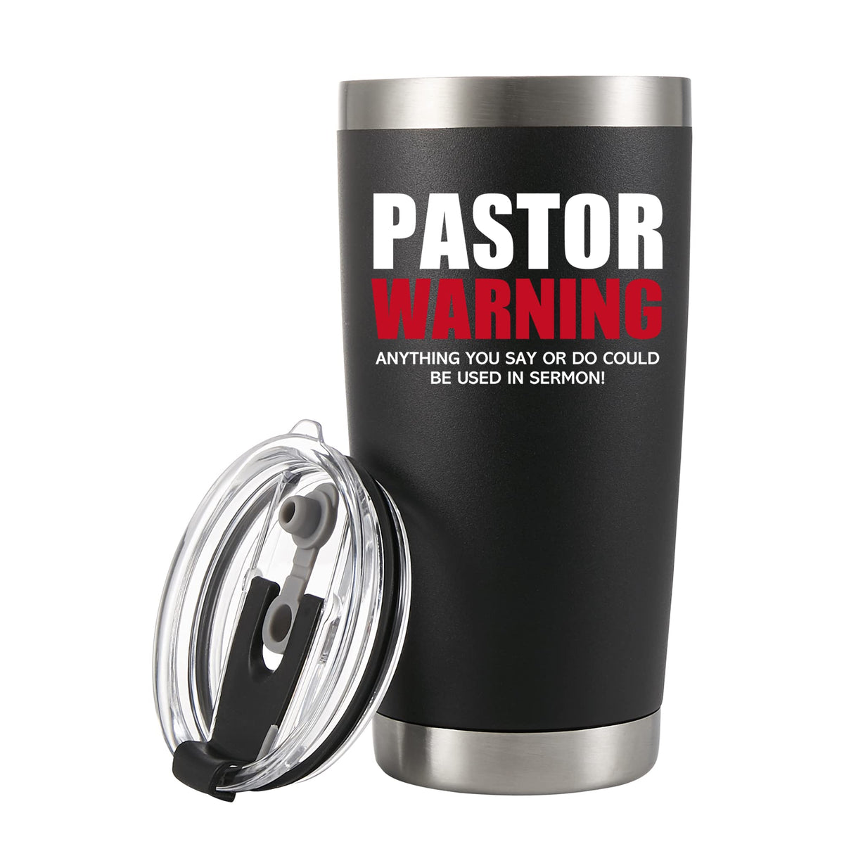 Panvola Pastor Warning Tumbler with straw lid, portable for on-the-go beverages.