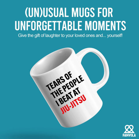 Panvola mug back view showcases bold text, ideal for coffee lovers and gym buddies.