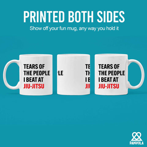 Panvola mug on desk, great for daily coffee and office humor.