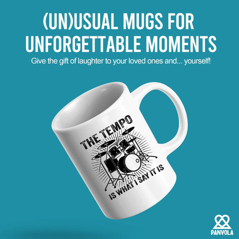 Panvola Tempo mug side view left, visible message boosts focus.