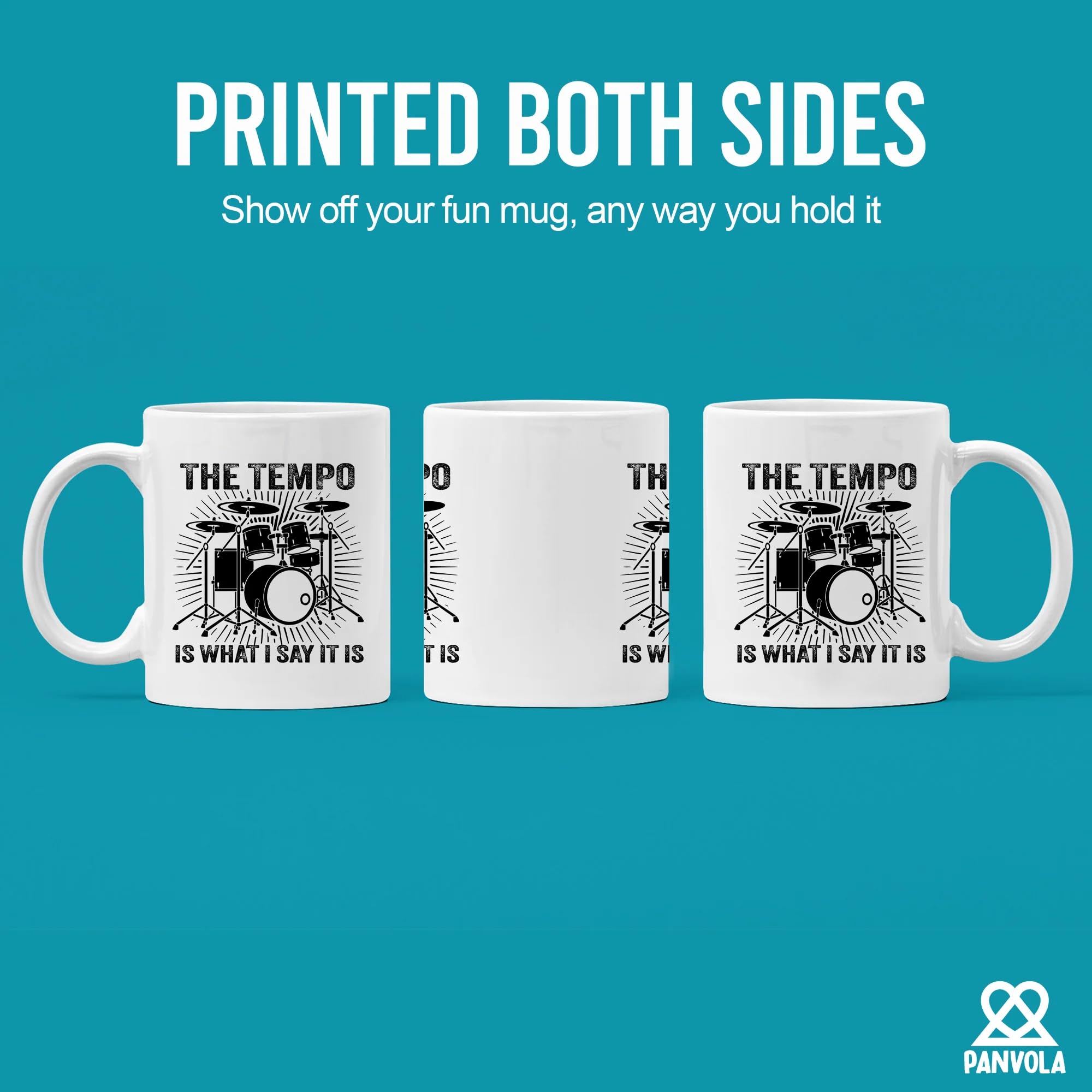 Panvola Tempo mug side view right, bold design ready for stage.