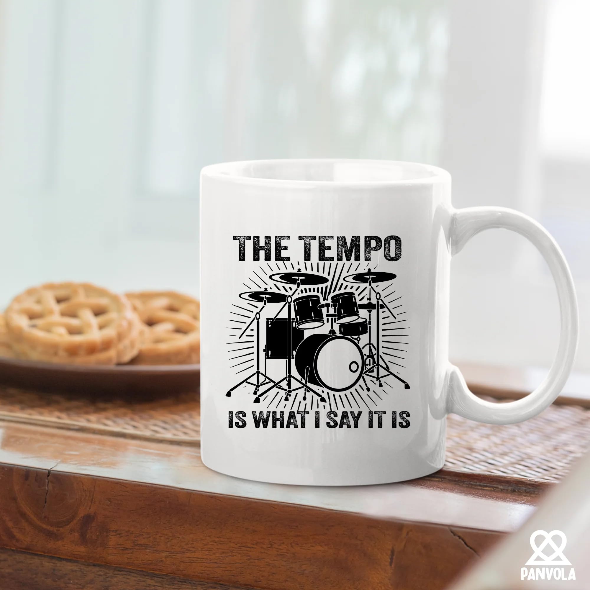 Panvola Tempo mug with coffee, perfect morning ritual companion.