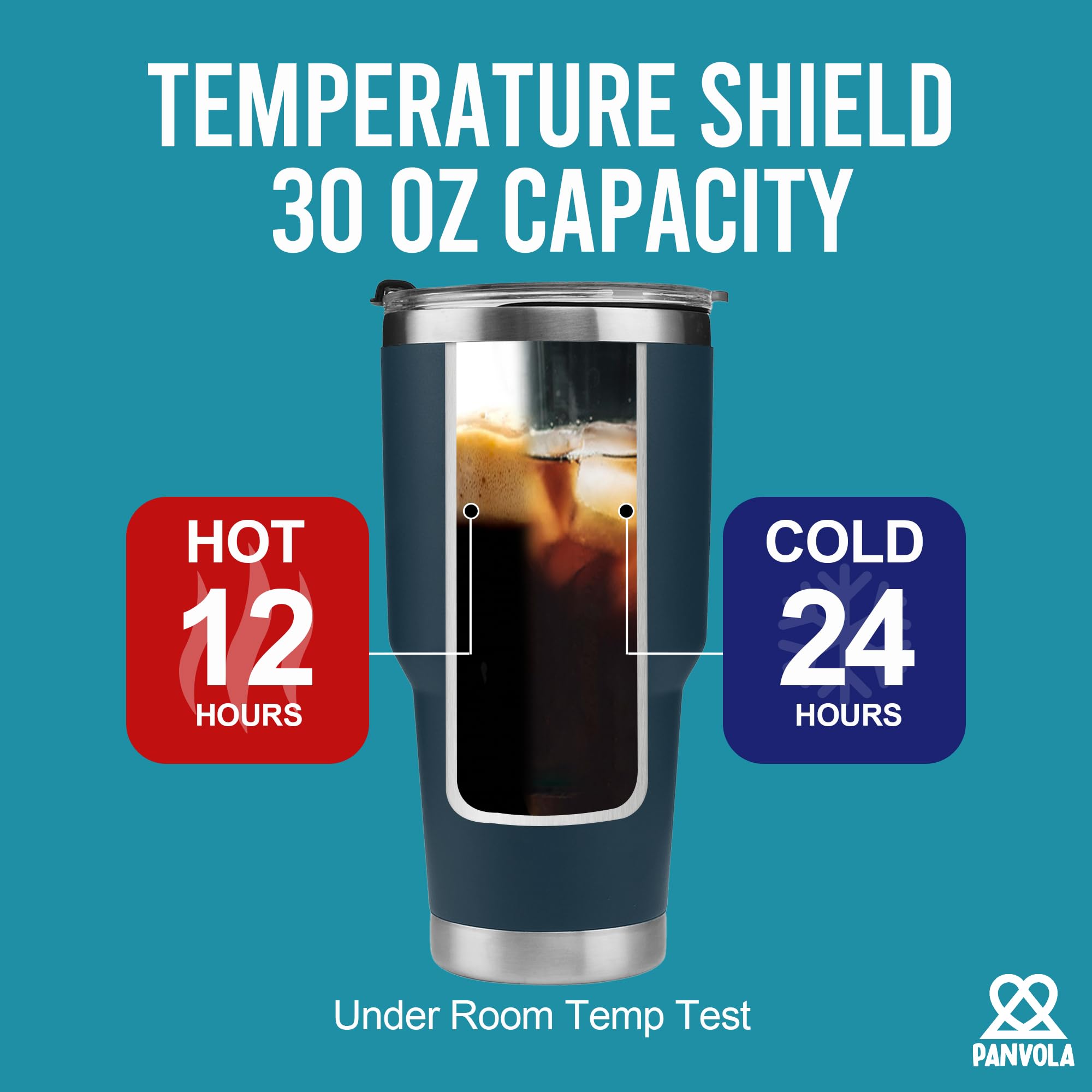 Panvola vacuum-insulated tumbler side view demonstrates strong temperature retention.