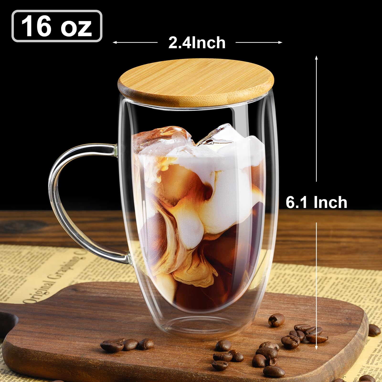 PARACITY 16oz glass mug with handle offers latte clarity and comfortable grip.