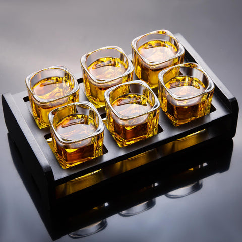 PARACITY 6-pack shot glasses with holder, ideal for party use and clutter-free serving.