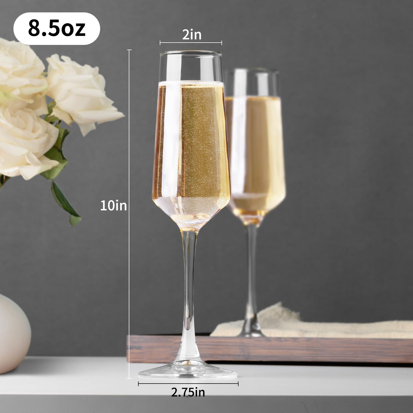 PARACITY champagne glasses 8.5oz capacity for toasts with sparkling wines.