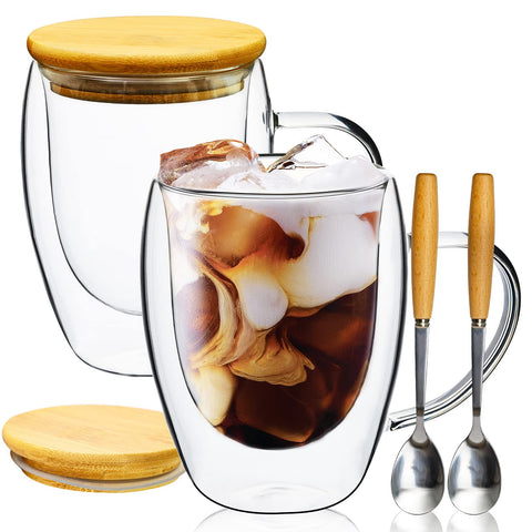PARACITY glass coffee mug set with bamboo lid for spill-free use and heat retention.