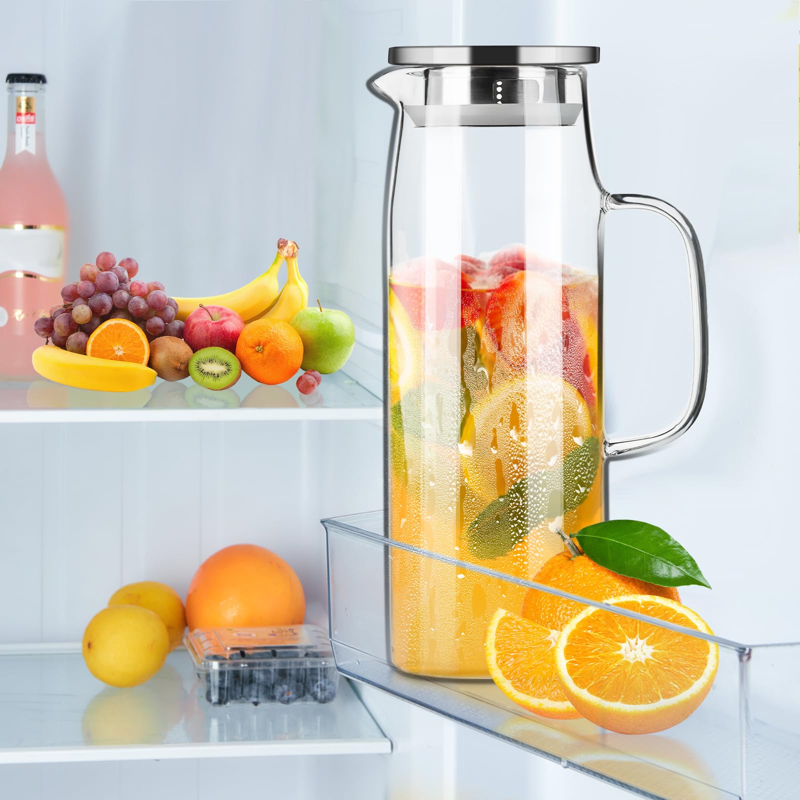 PARACITY glass pitcher on fridge shelf saves valuable door space.