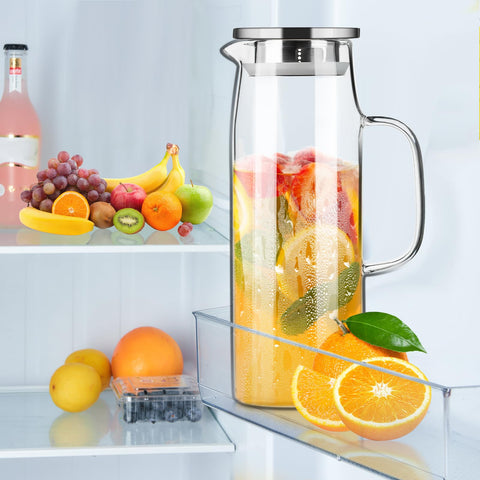 PARACITY glass pitcher on fridge shelf saves valuable door space.