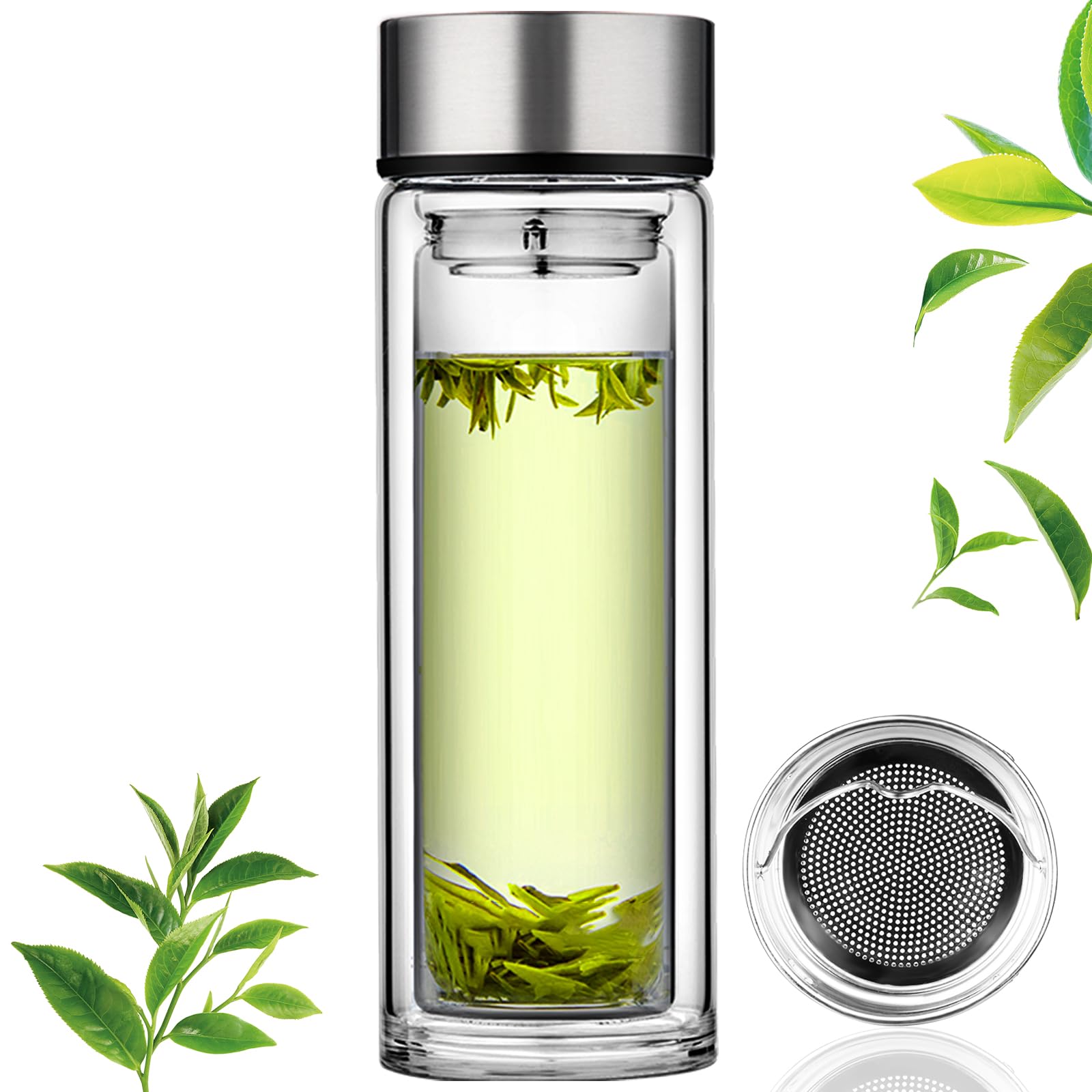 PARACITY glass tea infuser bottle 12oz shows clear glass for loose leaf tea on the go