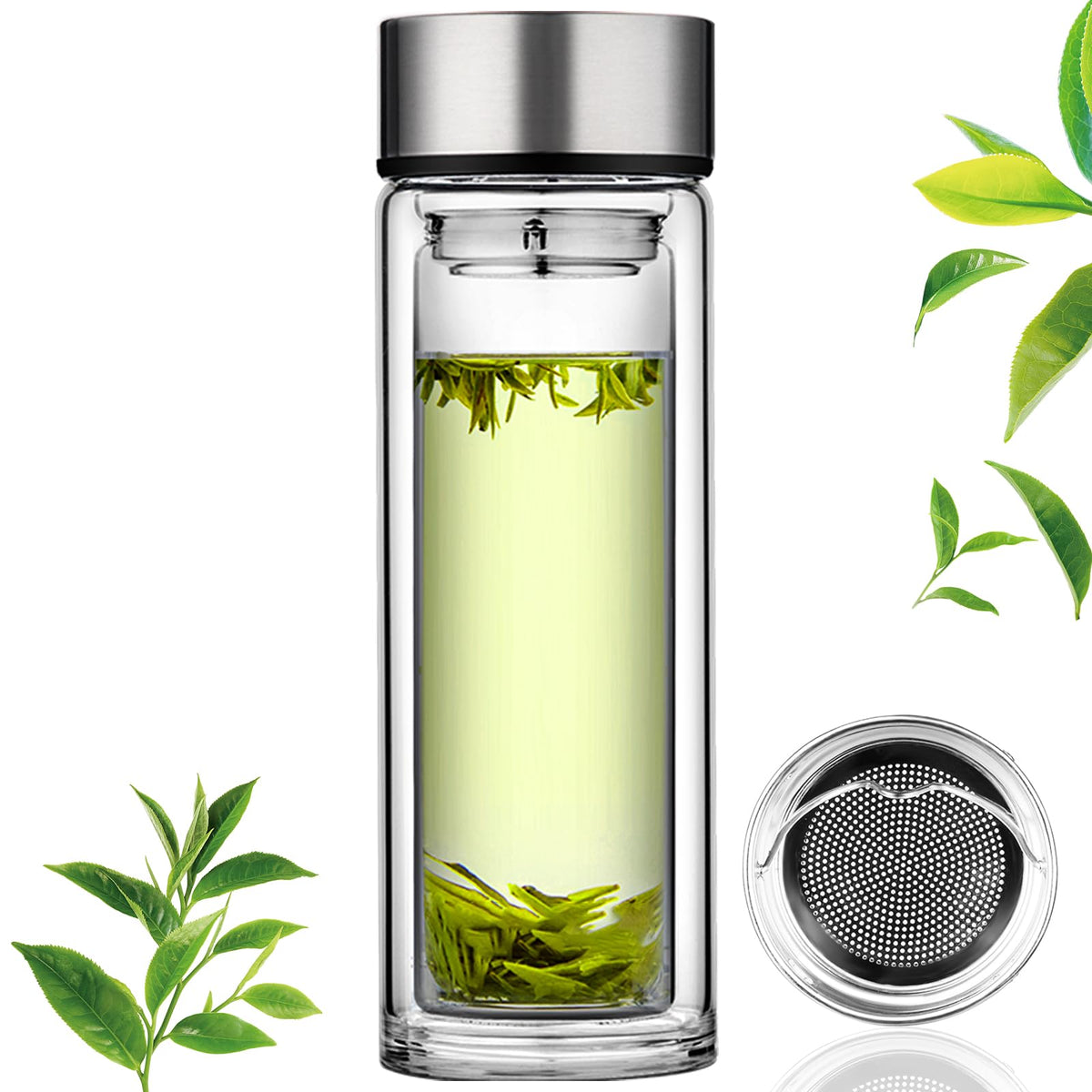 PARACITY glass tea infuser bottle 12oz shows clear glass for loose leaf tea on the go