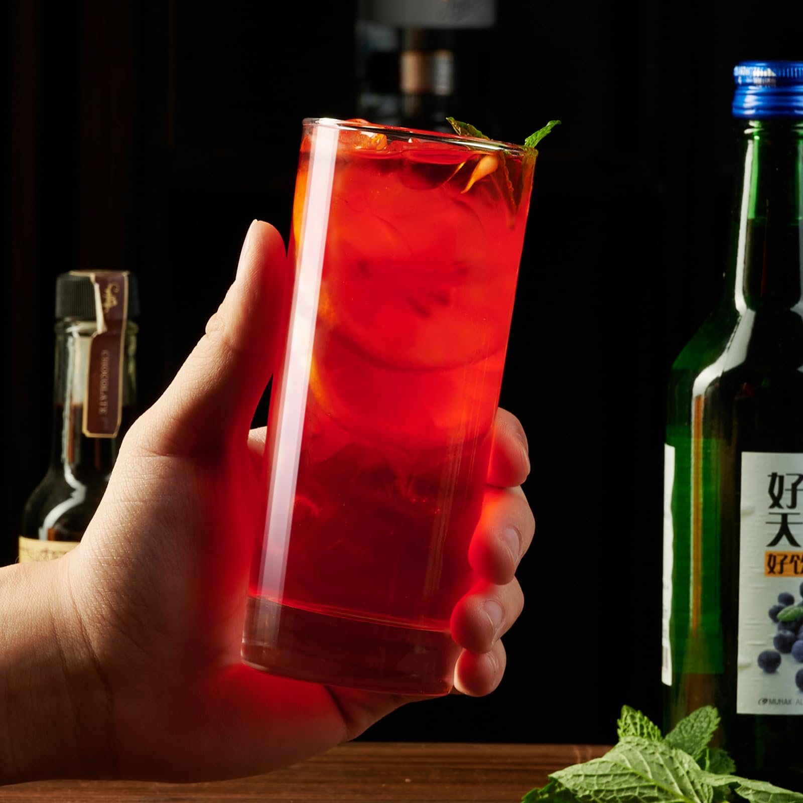 Paracity highball glasses are versatile for cocktails, beer, or iced coffee.