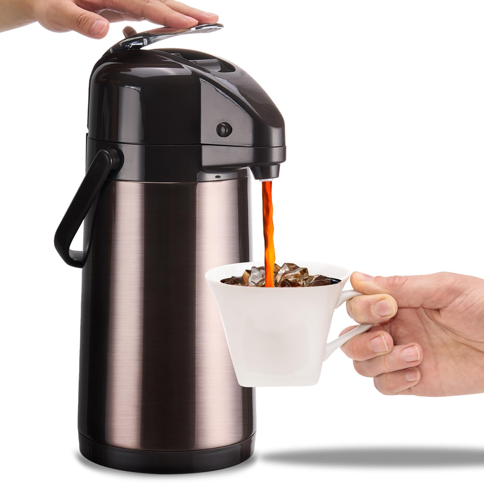 PARACITY airpot carafe front view shows a sleek stainless steel exterior for party-ready service.