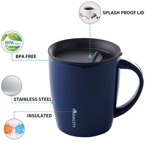PARACITY vacuum-insulated mug keeps hot or cold beverages for hours.