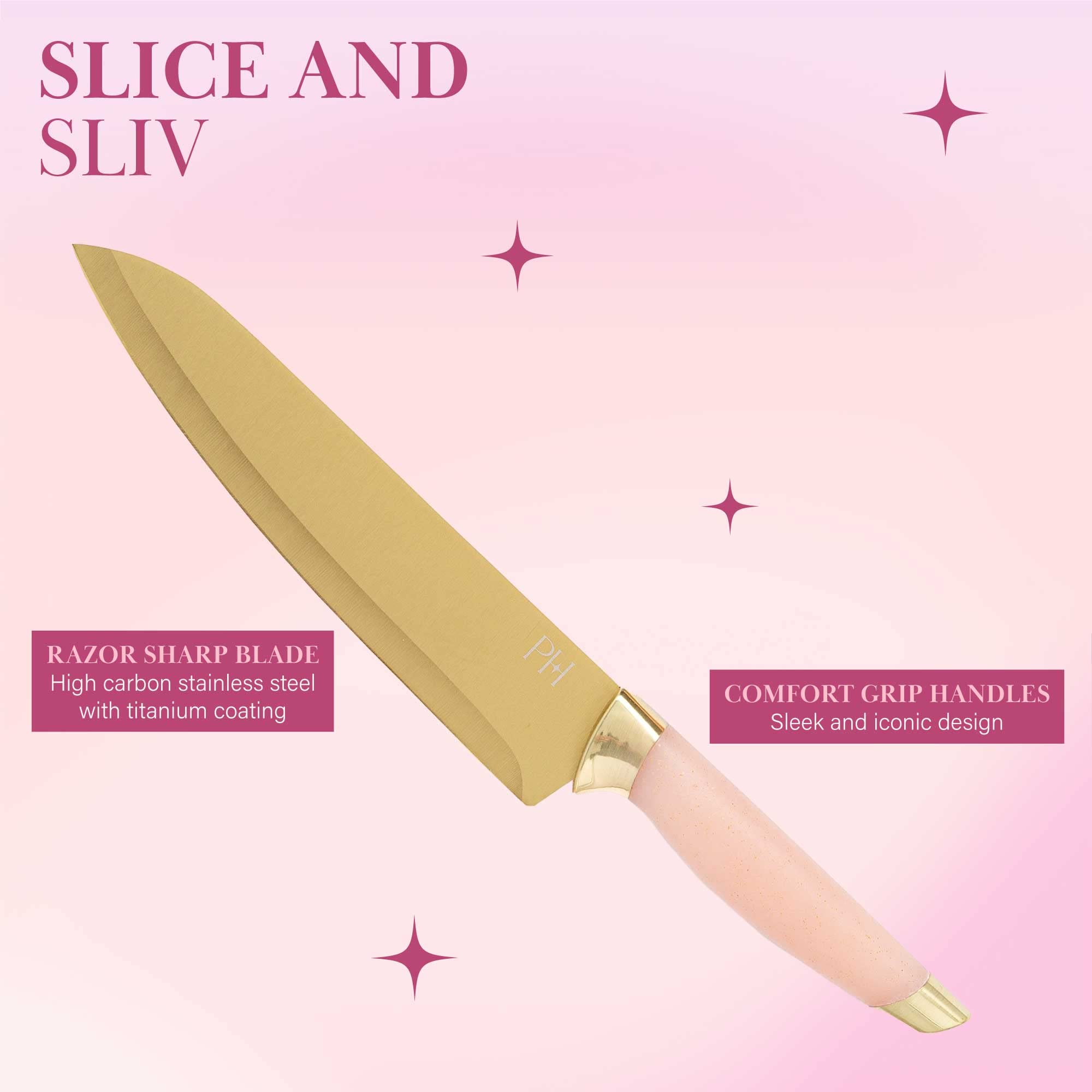 Paris Hilton 8-inch chef knife with comfortable grip.