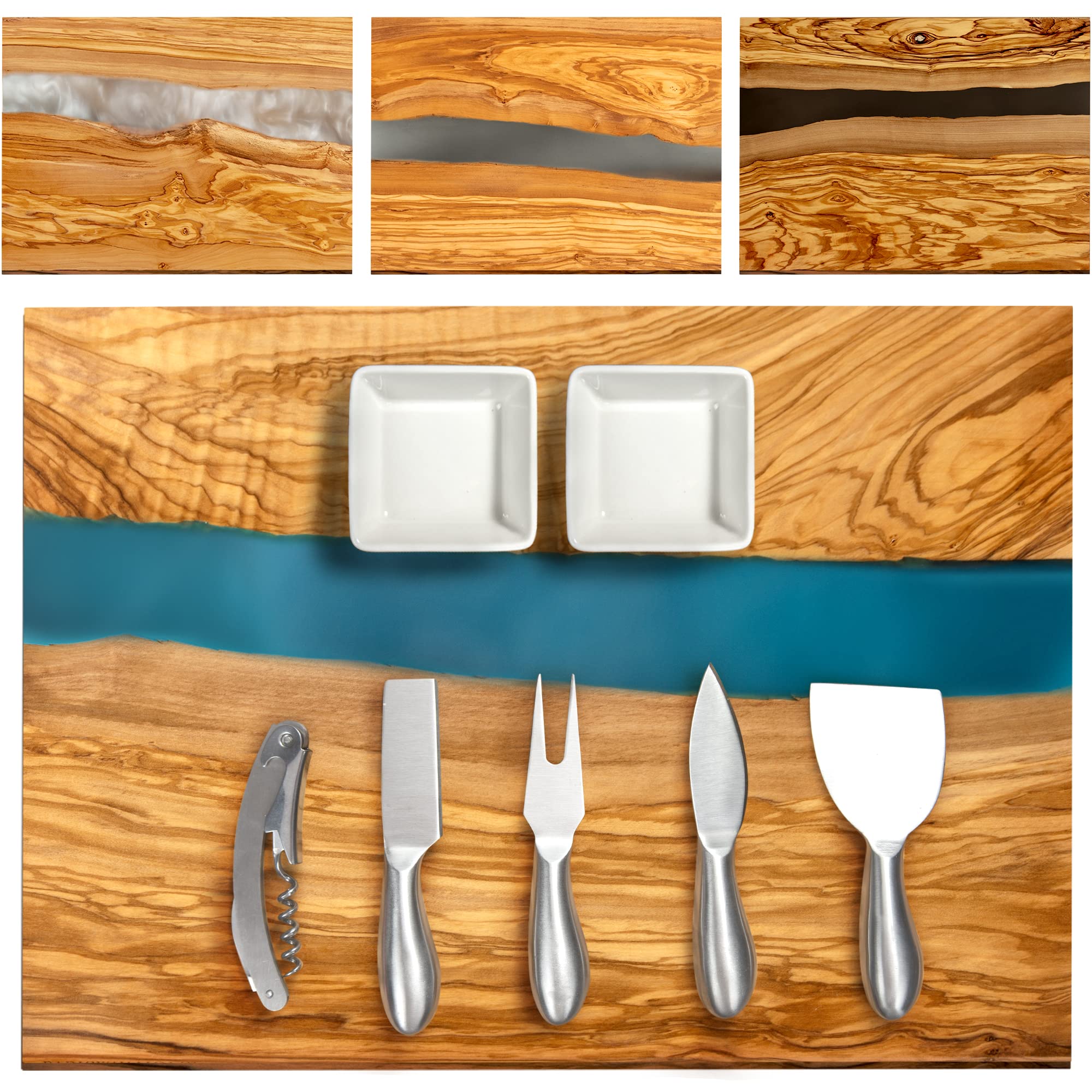 Parkway Home handcrafted olive wood charcuterie board with blue resin river for elegant entertaining
