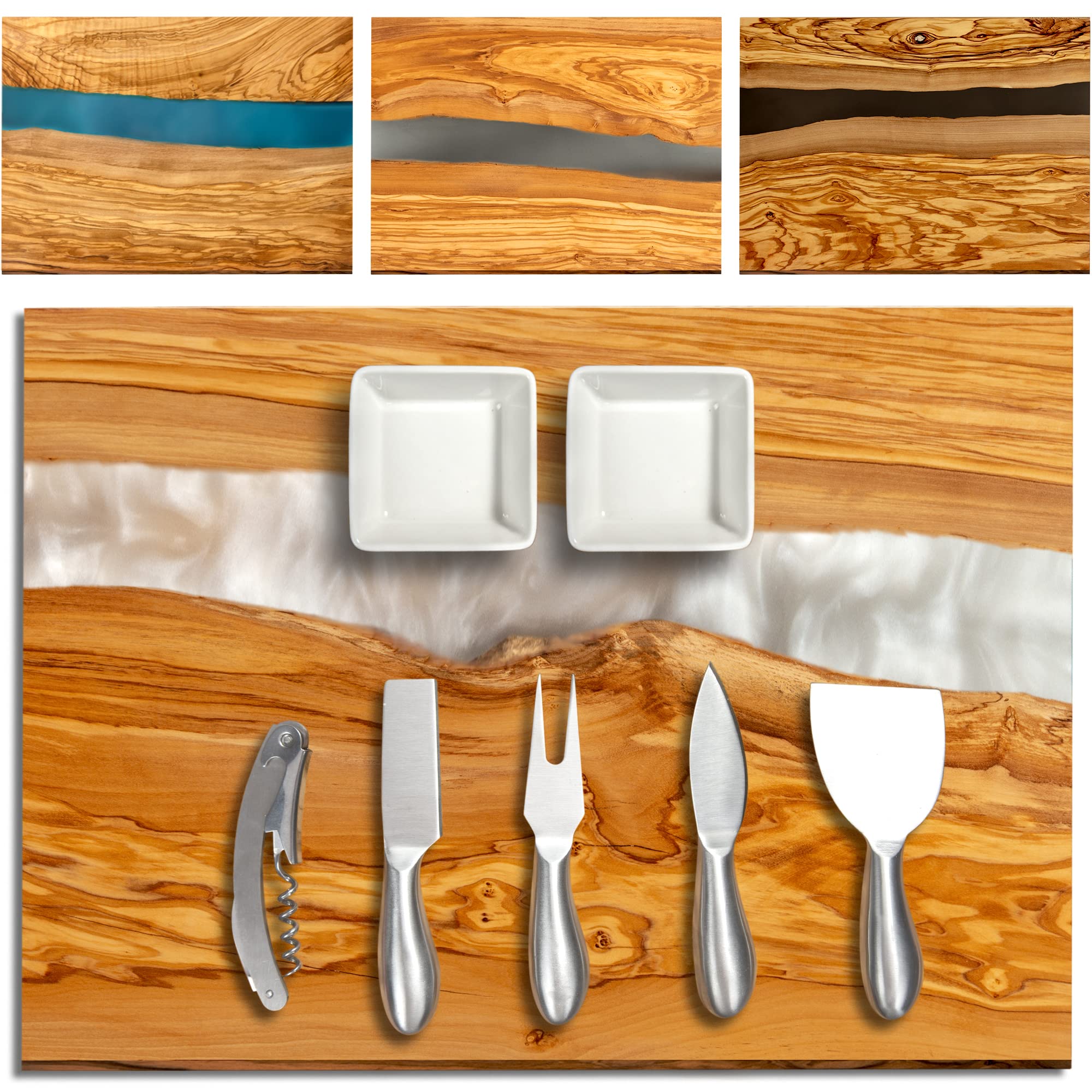 Parkway Home olive wood cheese board with white pearl resin artwork for stylish entertaining.