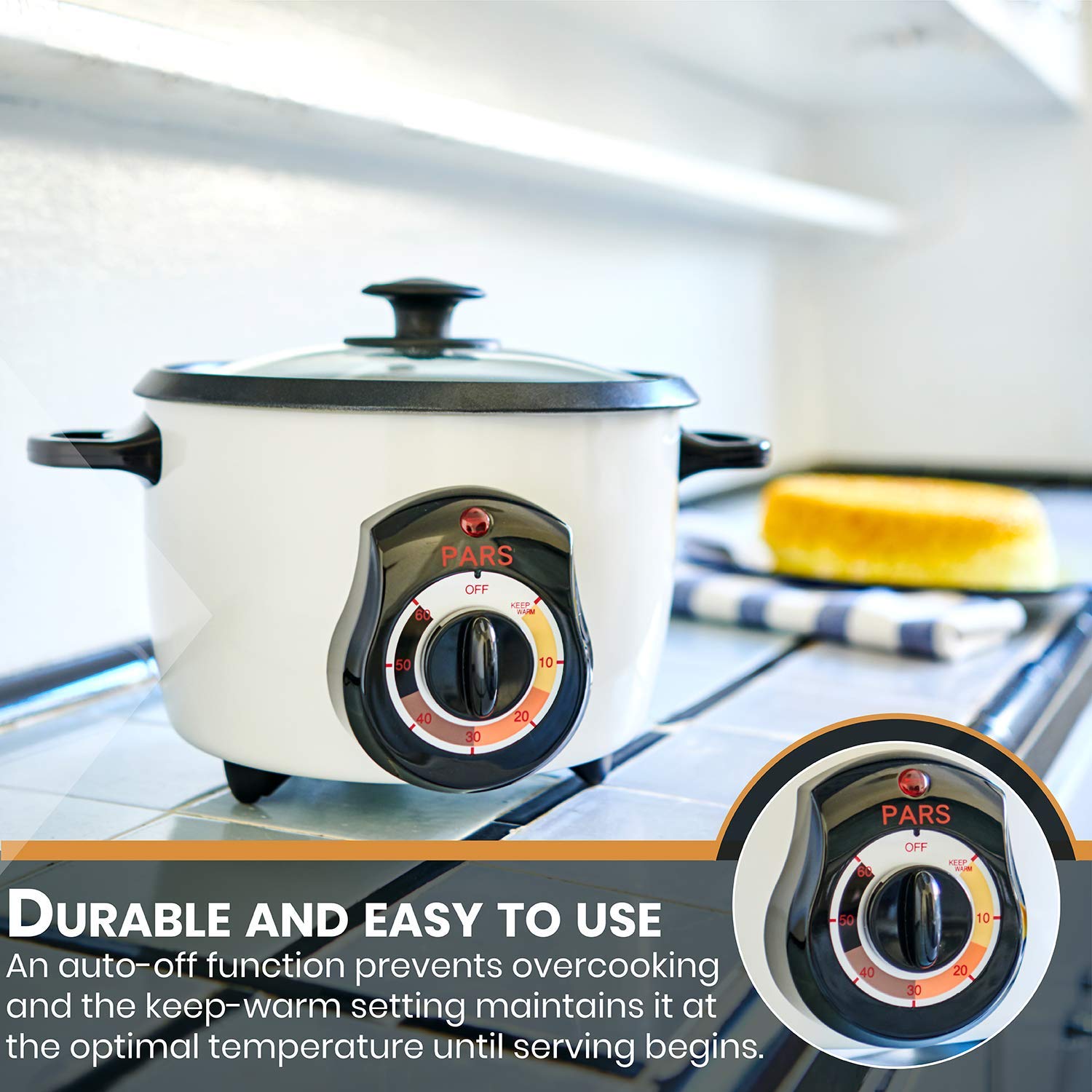 Compact design of Pars 3 Cup Rice Cooker for small kitchens.