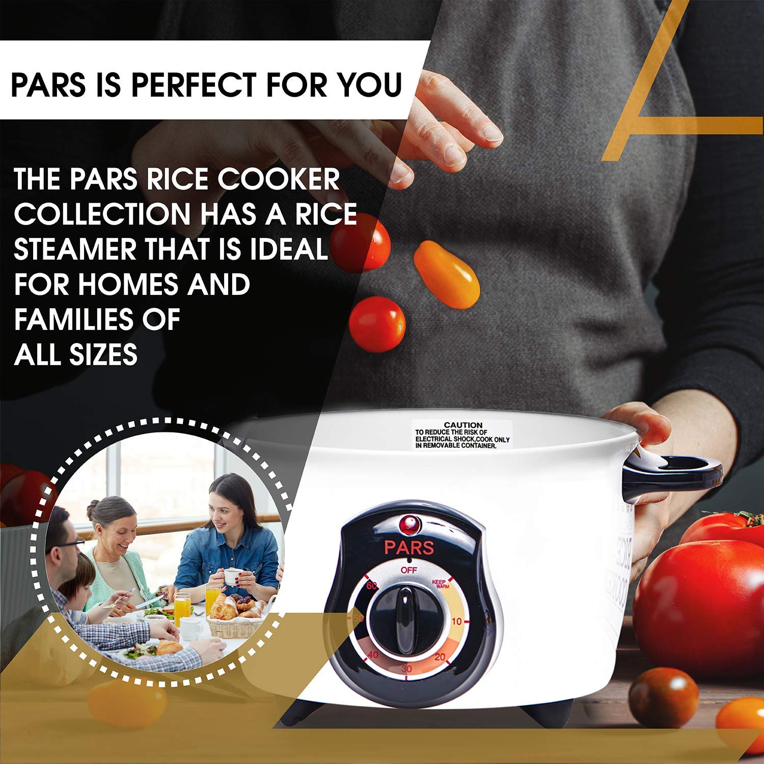 Glass lid close-up on Pars rice cooker shows clear viewing.
