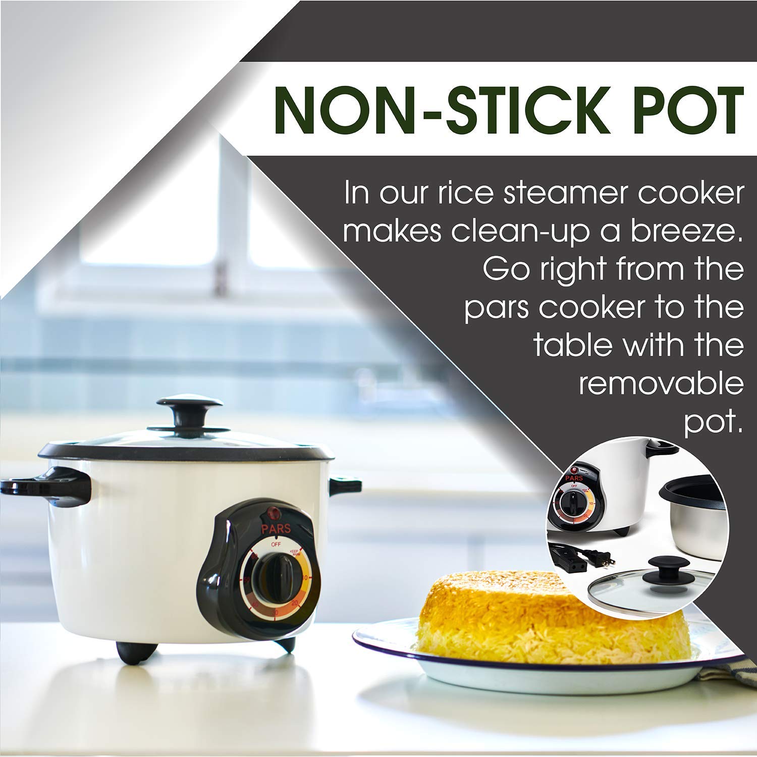 Pars inner pot ensures even cooking for fluffy rice.