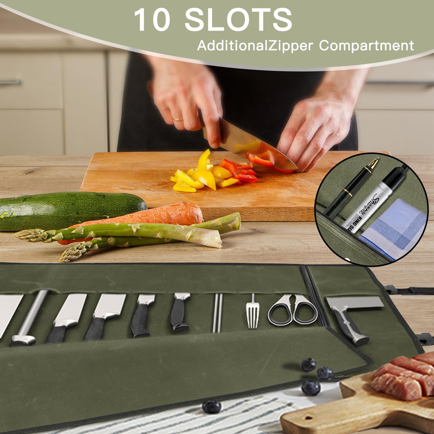 Parsuko knife roll bag showing 10 slots for varied knife sizes.