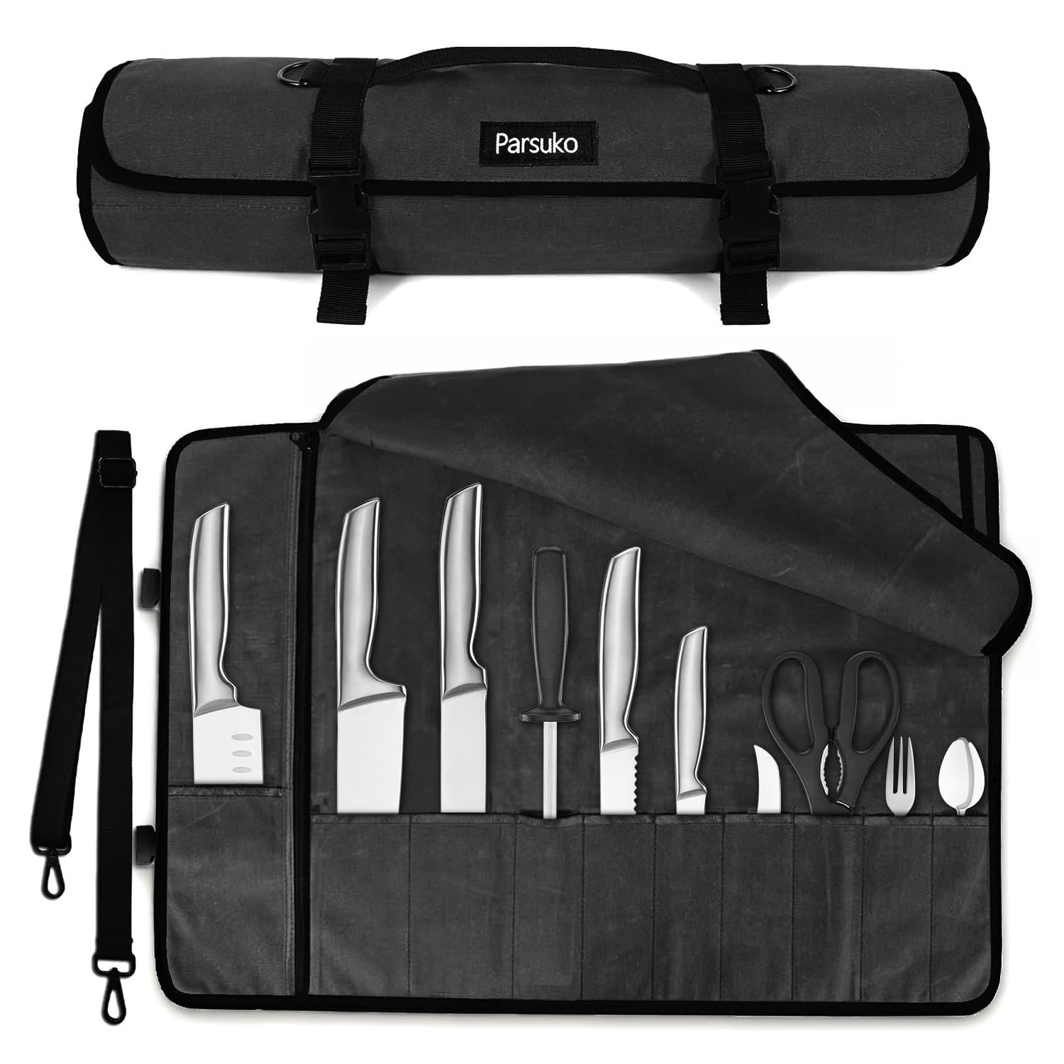 Parsuko Chef Knife Roll Bag black exterior highlights rugged waterproof design.