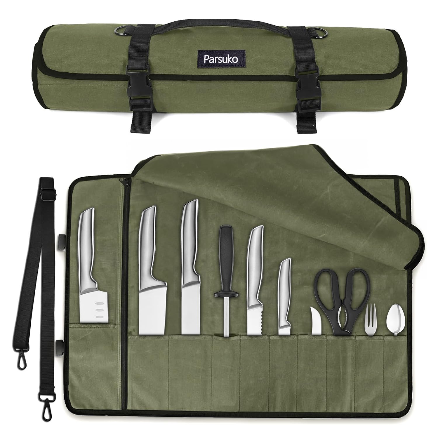 Parsuko chef knife roll bag opened compartments for quick tool access.