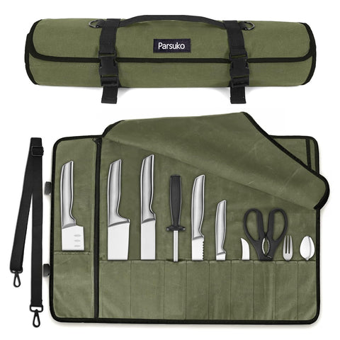 Parsuko chef knife roll bag opened compartments for quick tool access.