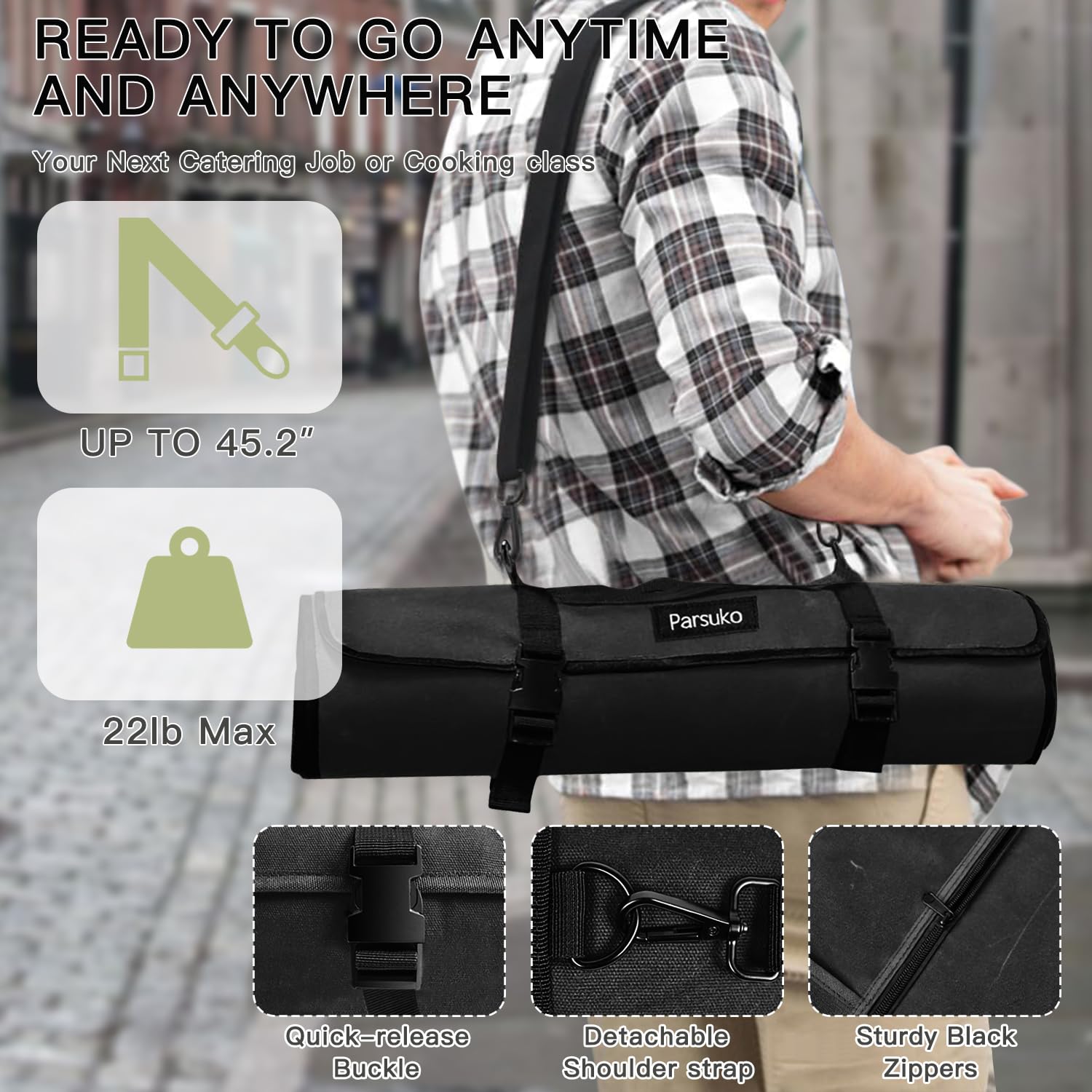 Parsuko Chef Knife Roll Bag open view with knives for quick access.