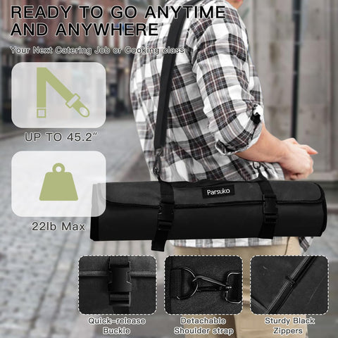 Parsuko Chef Knife Roll Bag open view with knives for quick access.