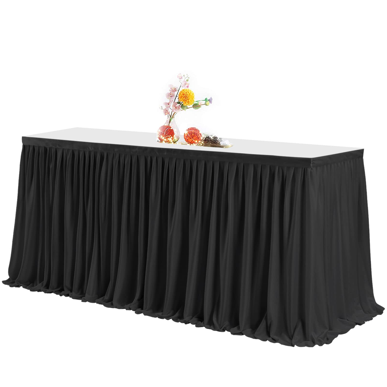 PARTISKY black table skirt front view with crisp pleats for upscale events.