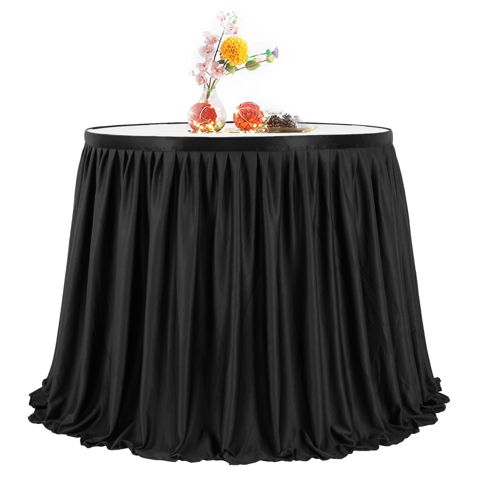 PARTISKY black table skirt side drape enhances clean edge lines for banquets.