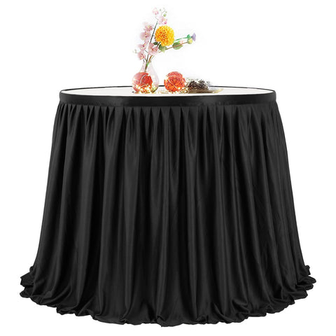 PARTISKY black table skirt side drape enhances clean edge lines for banquets.